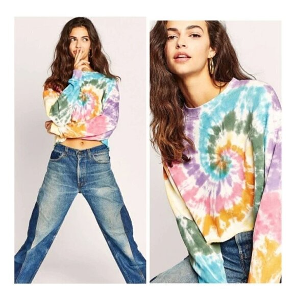 NWT DAYDREAMER Rainbow Spiral Tie Dye Cropped Sweatshirt - Small - Picture 1 of 3